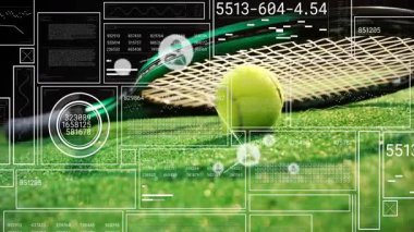 Tenis topu artı raket telleri çimen kortunda, yüksek çözünürlüklü ve dalga boylarıyla görselleştiriliyor. Spor ekipmanları, dijital arayüz, fütüristik tasarım, aktif yaşam tarzı, veri görselleştirme, açık hava sporları, yarışma