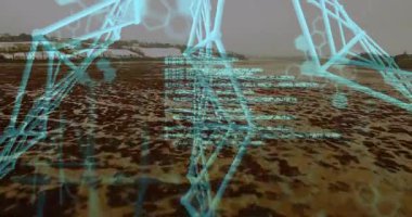 Üç boyutlu holografik kafes haliçlerin üzerinde yüzüyor, moleküler altıgenleri ve veri HUD 'sini gösteriyor. Fütürist, bilim kurgu, teknoloji, yenilik, dijital, soyut, çevresel