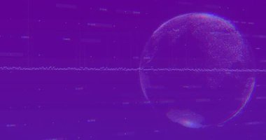Holografik küre, yüzen sayısal etiketler ve veri dalga formlarıyla düz dizayn arayüzünde dönüyor. Fütüristik, teknoloji, görselleştirme, dijital, soyut, veri, arayüz