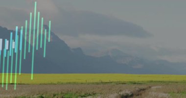 Kırsal alanda yüzen dijital ekolayzır çubukları ve düz animasyon tarzında dağ arkaplanı. Manzara, doğa, teknoloji, soyut, enerjik, fütüristik, dinginlik