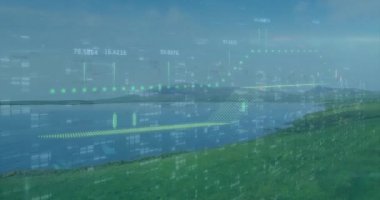 Durgun gölü gösteren 3 boyutlu animasyon, yüzen şamdan çizelgelerini ve noktalı ızgara örtülerini yansıtıyor. Doğa, manzara, dijital, veri, teknoloji, görselleştirme, sükunet