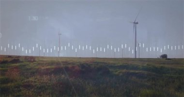 Canlandırma sahnesi, rüzgar türbini tarlaların üzerinde dönerken şamdan çubuklarının gökyüzüne doğru sürüklendiğini gösteriyor. Yenilenebilir kaynaklar, sürdürülebilirlik, enerji, teknoloji, manzara, soyut, yenilik