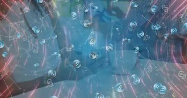 Kafede kahve içerken sohbet eden iki meslektaş, yüzen kripto simgeleri ve fintech düğümleri. Futuristik, teknoloji, iletişim, yenilik, ağ oluşturma, işbirliği, modern