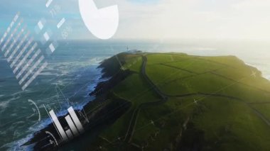 Şeffaf bilgi aktarımı kıyı manzarasını turta grafikleri ve üçgen panelle kaplar. Soyut, veri görselleştirme, modern, analiz, teknoloji, dijital, coğrafi