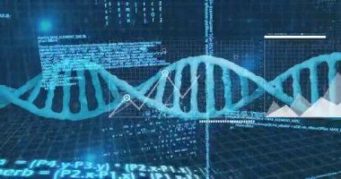 Karanlık ızgaranın üzerinde yüzen Cyan DNA sarmalı analitik çizelgeleri ve sürüklenen kod parçalarını gösteriyor. Teknoloji, veri, bilim, yenilik, fütüristik, analitik, görselleştirme