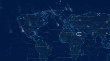 Siber güvenlik 3D arayüzü dünya haritasını gösteriyor, çift haneli numaraları birleştiriyor, renkli işaretleri birleştiriyor. Dijital, yenilik, fütüristik, ağ, teknoloji, bağlantı, veri