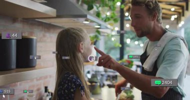 Ebeveyn ve çocuk yemekleri, spatula, kase, pazarlama için yüzen sosyal medya simgeleri. Aile, aşçılık, yaşam tarzı, modern, rahat, etkileşim, dijital