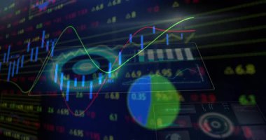 Mavi şamdan çubuklarını gösteren animasyon ticaret arayüzü, kırmızı yeşil trend çizgileri, sayısal değerler. Finansal, veri, analitik, dijital, arayüz, teknoloji, yatırım