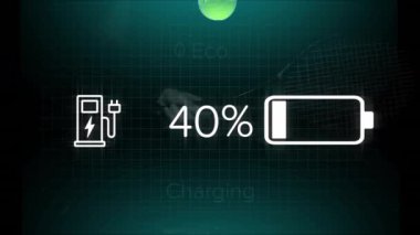 Batarya arayüzü üzerinde süzülen eko tenis topu, gök mavisi ızgarasında titreşiyor, pompa ikonunu gösteriyor,% 100 metin. Teknoloji, yenilik, sürdürülebilirlik, dijital, arayüz, enerji, çevre dostu