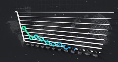 Koyu renk pikselli dünya haritasında yüzen şekillendirilmiş çizgi çizelgesi, mavi ve mavi trend çizgilerini gösteriyor. Veri, analitik, teknoloji, görselleştirme, geri sayım, arayüz, soyut