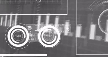 Düz tasarım arayüzü ekranda gösteriliyor, çubuk çizelgeleri, dalga formları, altıgen kodu, ızgara eksenleri gösteriliyor. Fütürist, teknoloji, veri görselleştirme, dijital, analitik, şematik, minimalist