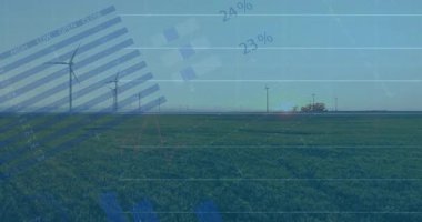 Rüzgâr türbinleri düz tasarımda kırsal yeşil alanlarda hareketli finansal çizelgeler oluşturuyorlar. Yenilenebilir enerji, sürdürülebilirlik, teknoloji, bilgi, kırsal alan, temiz enerji, çevre