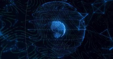 Dijital küre üç boyutlu animasyon şeklinde dönüyor, yüzen veri halkalarıyla parlayan nokta matrisi gösteriyor. Gelecek, teknoloji, bağlantı, ağ, veri, siber alan, dijital