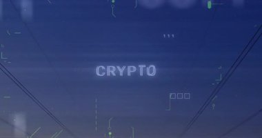 Glitchy CRYPTO metin alacakaranlık gökyüzünde sürüklenen, güç kuleleri, ikili ve piksel simgeleri. Teknoloji, yenilik, dijital, altyapı, siber, gelecekçilik, enerji