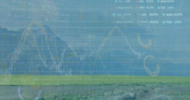 Finansal tablolar yeşil çimlerin üzerinde düz dizayn edilmiş dağ sırtı ve düz çim üzerinde yüzüyor. Soyut, fütüristik, dijital, büyüme, yatırım, analitik, uyum