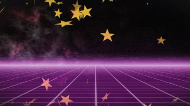 Mor neon şebeke düzlemi düz dizaynla parlayan ufukta süzülen sarı yıldızlarla birlikte akıyor. Siberpunk, fütürist, minimalist, soyut, bilim kurgu, dijital, neon