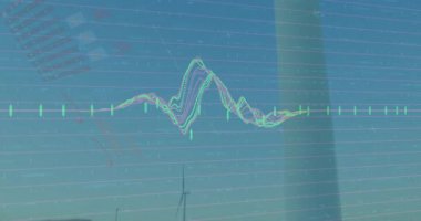 Rüzgâr türbini bıçağı ve inbotu canlandırılmış bilgilerin üzerinde şamdan ve dalga formu çizelgeleriyle dönüyor. Yenilenebilir enerji, veri analizi, teknoloji, çevre, gelecekçi, dijital altyapı, sürdürülebilir