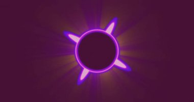 Neon-mor grafik, parlak bir halka, radyal beyaz çubuklar ve kardinal neon çiviler gösteriyor. Fütürist, dijital alarm, soyut, enerjik, teknoloji, bilim kurgu, geometrik