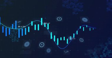 Neon turkuaz şamdan şeması altıgen ızgarası üzerinde titreşiyor ve UI panelleri ile parlayan trend çizgisini gösteriyor. Teknoloji, veri görselleştirme, arayüz, analitik, fütüristik, finans, dijital