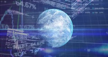 Merkezde dönen dijital şekillendirilmiş Dünya küresi, akış çizgisi grafikleri, bar çizelgeleri, kod ve ikili değer. Fütüristik, teknoloji, veri, analitik, görselleştirme, yenilik, dijital