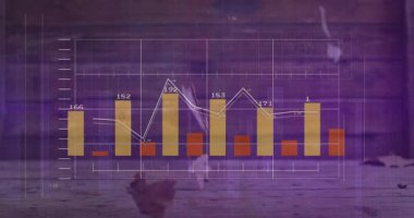 Düz dizayn çubukları ve beyaz çizgileri gösteren tahta güvertede yüzen veri paneli görselleştiriliyor. Gelecekçi, analitik, teknoloji, yenilik, dijital, gösterge paneli, veri