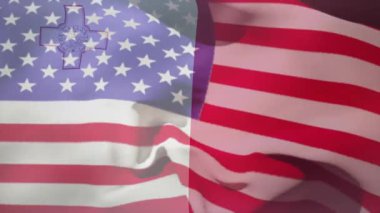 Birleşik Devletler bayrağı 3 boyutlu olarak canlandırılıyor. Çerçevenin üzerinde madalya kaplamalarıyla sallanıyor. Vatanseverlik, amblem, kumaş, hareket, geçmiş, sembolik, önem