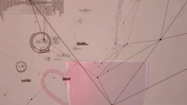 Pembe seramik kahve fincanı kremsi sıvıyla dolu, dalga formu çizelgelerini birbirine bağlayan düğümler. Minimalist, dijital, teknoloji, veri, soyut, modern, ağ