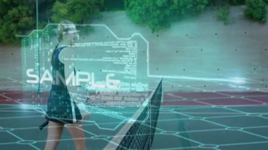 Kadın tenisçi ağ boyunca sağ elini uzatırken dijital şebeke teknolojiyi gösteriyor. Atletik, yarışma, yaz, canlı, takım çalışması, antrenman, açık hava