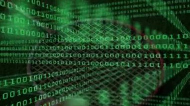 Badminton raketi ve mekik horozu çim yüzeyinde yatarken ikili kod elementlerin üzerinden akıyor. Spor ekipmanları, dijital teknoloji, modern tasarım, atletik ekipman, açık hava aktivitesi, yenilikçi, dinamik