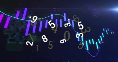 Mor cyan çubukların ve parlak çizgi grafiğinin altıgen ızgaranın üzerinde kaydığını gösteren fütüristik grafik canlandırılıyor. Gelecek, teknoloji, veri, görselleştirme, gösterge, dijital, analitik