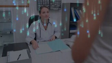 Doktor ve hasta muayenehanede kağıt değiş tokuşu yapıyorlar. Çizelge simgeleri havada uçuşuyor. Sağlık, danışmanlık, profesyonellik, tıbbi ortam, teşhis, hasta bakımı, klinik