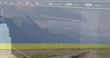 Dağ manzarası düz dizaynlı, finans örtülü, para birimi kodlarını ve çubuklarını gösteren. Doğa, manzara, finans, veri görselleştirme, teknoloji, açık hava, tablolar