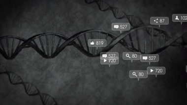 Koyu gri arka planda yatay olarak uzanan DNA sarmal iplikleri. Tebligat baloncukları yukarıda yüzüyor. Gelecek, teknoloji, yenilik, bağlantı, dijital sanat, siber, ağ