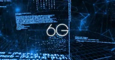 3D ızgaranın üzerinde parlayan 6G sembolü, canlandırılmış çizim akış kodu ve sinyal halkaları. Fütürist, dijital, neon, teknoloji, bağlantı, ağ, soyut