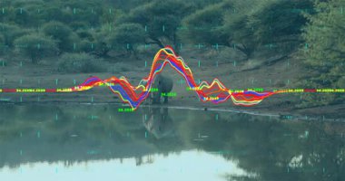 Gergedanlar kuru savanadaki su birikintisinde 3 boyutlu olarak üretiliyor. Turkuaz HUD ızgarası ve dalga şeklini gösteriyor. Vahşi yaşam, kuraklık, koruma, dijital, gelecekçi, doğa, keşif