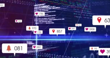 Harita iğnesi, kalp, çan simgeleri derin gradyan üç boyutlu gösterge paneli boyunca yüzüyor, sosyal ölçümleri gösteriyor. Fütürist, dijital, görselleştirme, analitik, arayüz, soyut, teknoloji