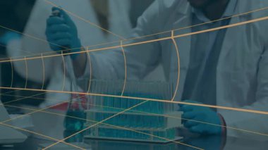 Araştırmacılar laboratuarda test tüpü rafının üstündeki animasyon veri grafiklerini gösteren mavi bir solüsyon üzerinde çalışıyorlar. Bilim, yenilik, deney, bilimsel, moleküler, teknoloji, kesinlik