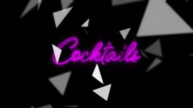 Siyah alanda parlayan neon-pembe el yazması kokteyller, düz dizayn edilmiş gri üçgen parçalar. Neon, soyut, geometrik, minimalizm, dijital, modern, canlı