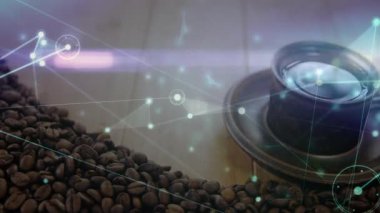 3 boyutlu kahve fincanı ahşap masaya oturmuş parlayan ağ hatlarının altında etrafa saçılan fasulyeler. Minimalist, gelecekçi, teknoloji, dijital, sıcak, samimi, modern
