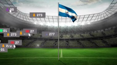 Stadyum sahasında dalgalanan Honduras ulusal bayrağı, yüzen sosyal medya simgeleriyle düz tasarım. Spor, stadyum, açık hava, canlı, eğlence, dijital, bağlantı