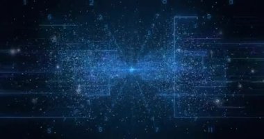 Merkezi noktalı dalga formu dijital ağ sahnesinde neon devre izleriyle canlandırılıyor. Fütürist, teknoloji, dijital, soyut, canlı, siber, yenilik