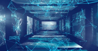 Siyah arkaplanda veri işleme üzerinden bağlantı ağının resmi. küresel bağlantılar, veri işleme ve dijital arayüz konsepti dijital olarak oluşturulmuş resim.