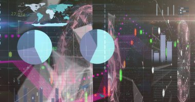 Siyah arkaplanda veri işleme görüntüsü. Küresel teknoloji, bilgisayar ve dijital arayüz kavramı dijital olarak oluşturulmuş görüntü.