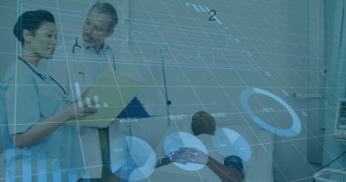 Finansal grafikler ve çeşitli kadın ve erkek doktorların konuştuğu veriler. sağlık, tıp mesleği, ekonomi, finans ve teknoloji konsepti dijital olarak oluşturulmuş imaj.