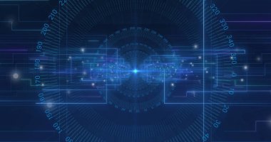 Mavi arkaplanda ikili kodlama ile tarama ve veri işleme dürbünü resmi. küresel veri işleme, dijital arayüz ve dijital olarak oluşturulmuş görüntü hesaplama kavramı.