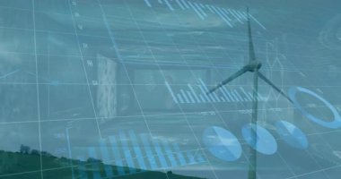 Rüzgâr türbini çimenli tepede görselleştiriliyor. Üç boyutlu ızgara, holografik çizelgelerle örtüşüyor. Yenilenebilir enerji, sürdürülebilirlik, yenilik, teknoloji, fütüristik, manzara, analitik
