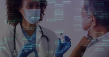 Sağlık kliniğinde COVID-19 aşısı hazırlayan kadın doktor. Canlandırılmış virüs ikonları ve veri tablosuyla birlikte. Tıbbi, sağlık, aşı, klinik, profesyonellik, önleme, kamu sağlığı