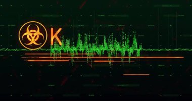 Acil durum arayüzü, biyolojik tehlike simgesinin düz dizayn arızası şeklinde yanıp söndüğünü gösteriyor. Uyarı, uyarı, tehlike, dijital, grafikler, teknoloji, güvenlik