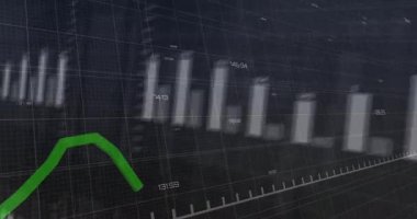 Yeşil zigzag çizgisi, koyu 3 boyutlu ızgara paneli boyunca hareket ediyor, gri çizgileri, sayısal etiketleri gösteriyor. Teknoloji, analitik, veri görselleştirme, finans, pazar, dijital, yenilik