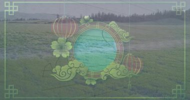 Alanlar üzerinde yüzen dairesel süslemeler sergilenen fenerler, çiçek girdapları ve dijital grafikler. Doğa, manzara, botanik, tasarım, teknoloji, uyum, kırsal